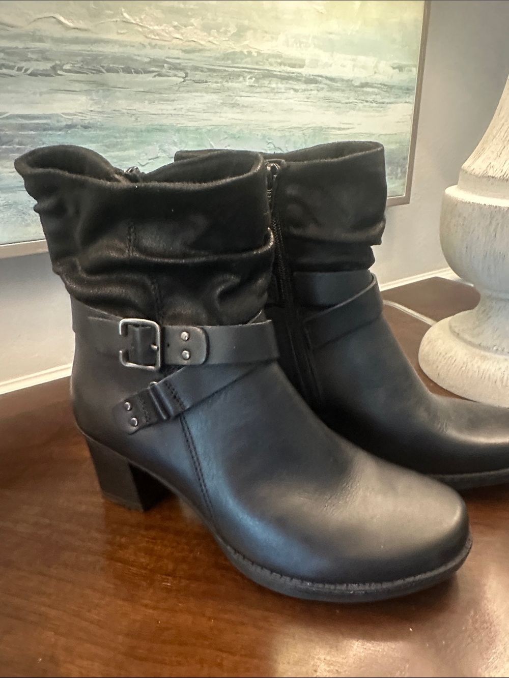 Women's Black Mid-Heel Ankle Boots with Buckle Detail